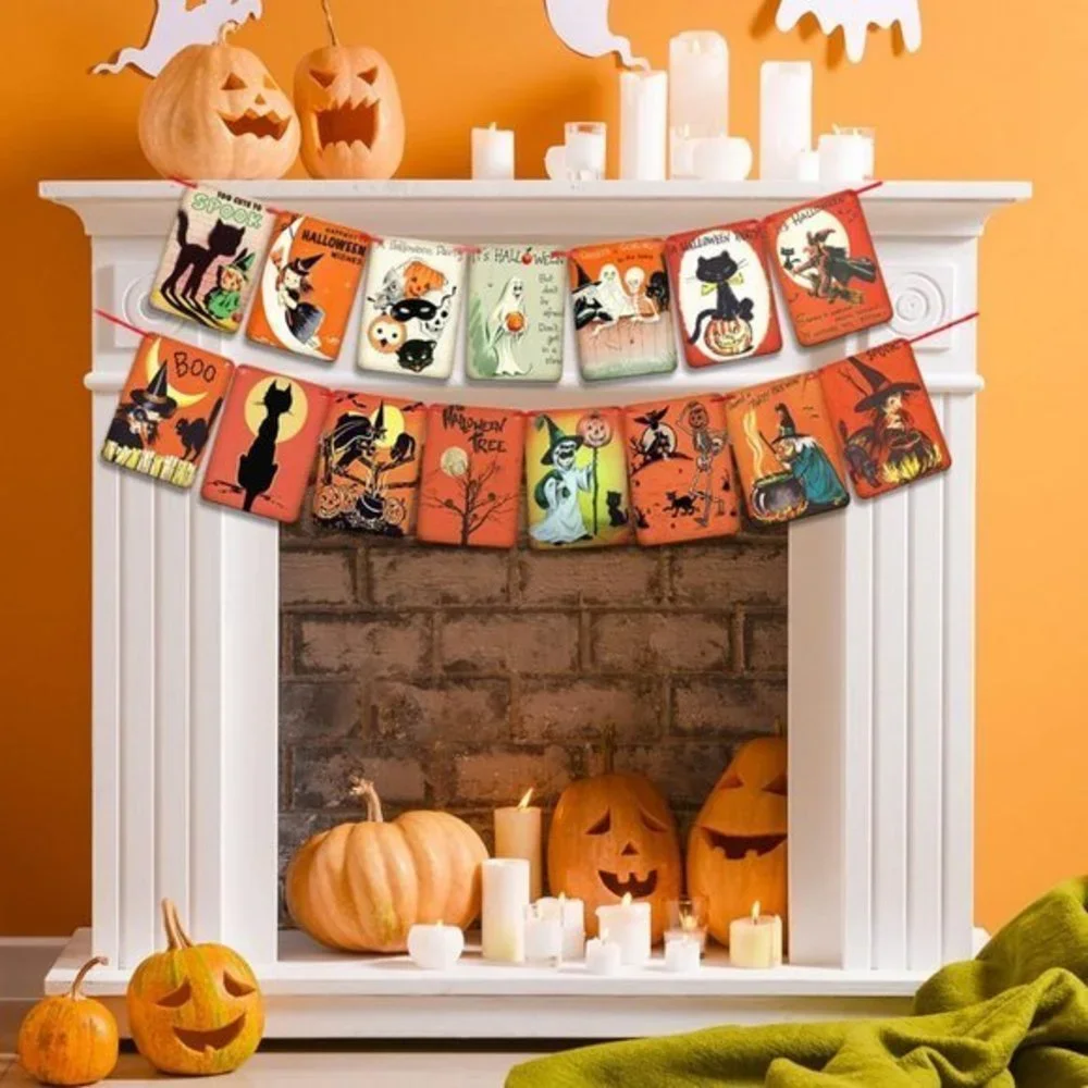 Halloween Pumpkin Flag Victorian Style Cats Witch Ghost Party Garland Decoration